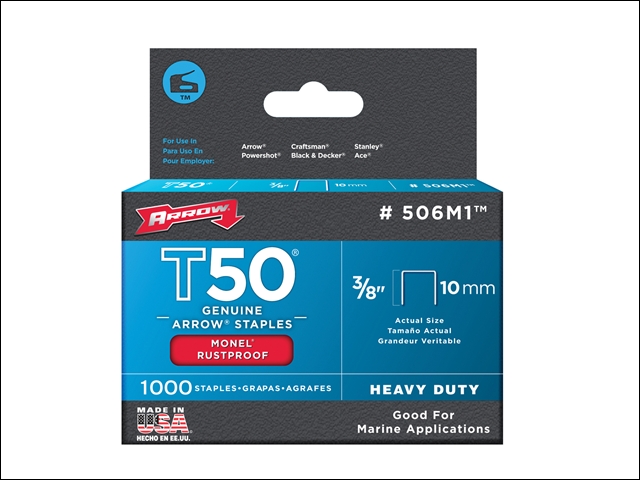 Arrow T50M 506m Monel Staples 10mm (3/8in) Box 1000