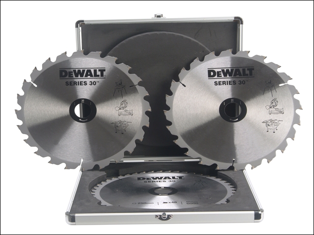DEWALT Mitre Saw Blade Set In Aluminium Case 250 x 30mm x 24/48T