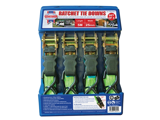 Faithfull Ratchet Tie Downs (4) 5M x 25mm Green