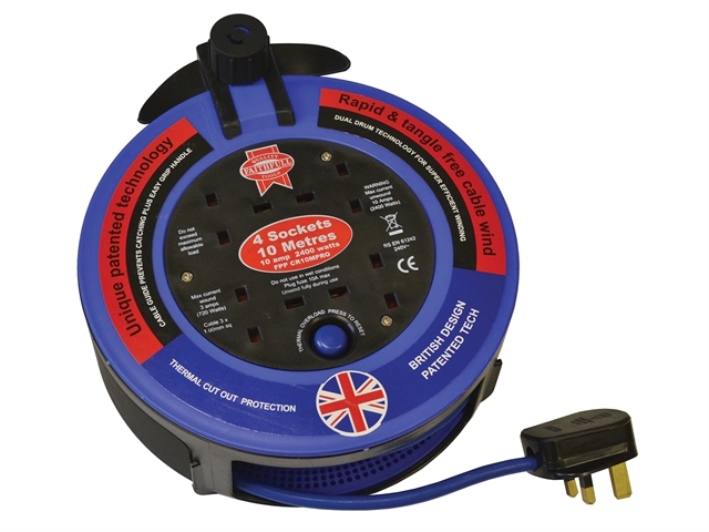 Faithfull Power Plus Pro Cable Reel 240V 10 Metre 10A 4 Socket Cut Out