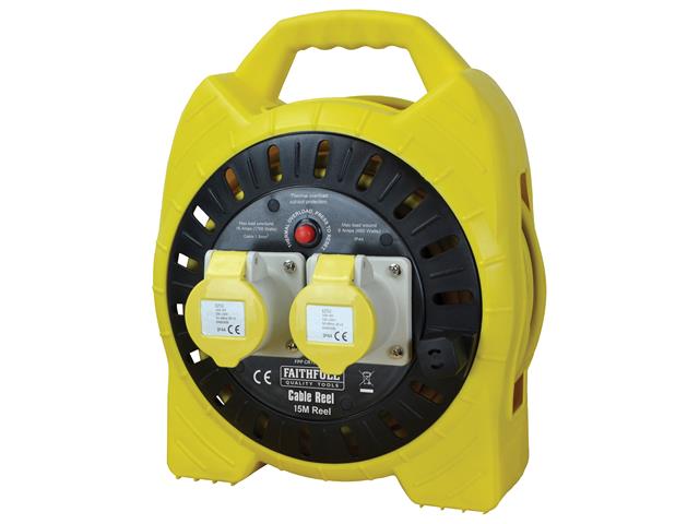 Faithfull Power Plus Enclosed Cable Reel 15m 16 amp 1.5mm Cable 110V