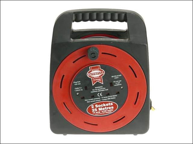 Faithfull Power Plus Easy Reel Cable Reel 25 Metre 13 Amp With 2 Socket 240 Volt 240V