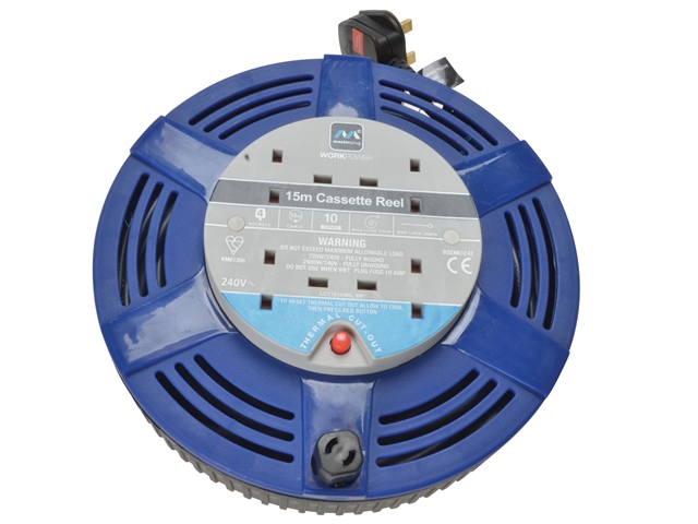 Masterplug Cassette Cable Reel 15 Metre 4 Socket Thermal Cut-Out Blue 10A 240 Volt 240V