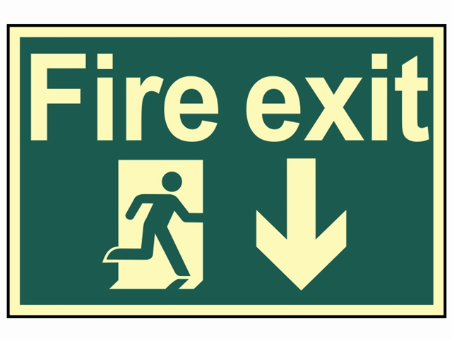 Scan Fire Exit Running Man Arrow Down - Photoluminescent 300 x 200mm