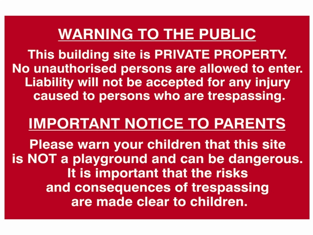 Scan Building Site Warning To Public And Parents - PVC 600 x 400mm