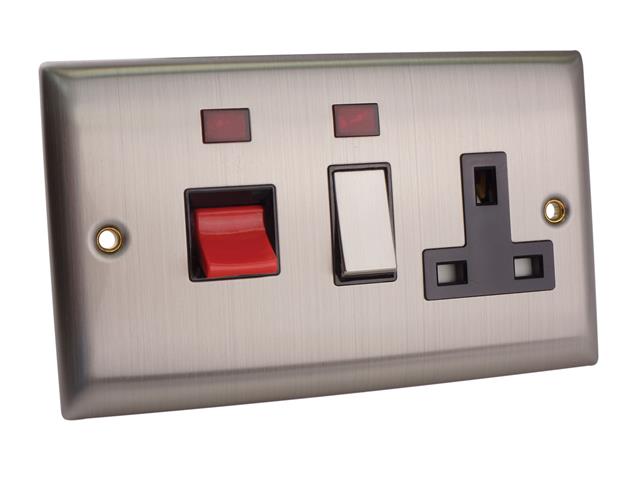 SMJ Switched Cooker Control Unit Neon 45A 1 Gang Brushed Steel