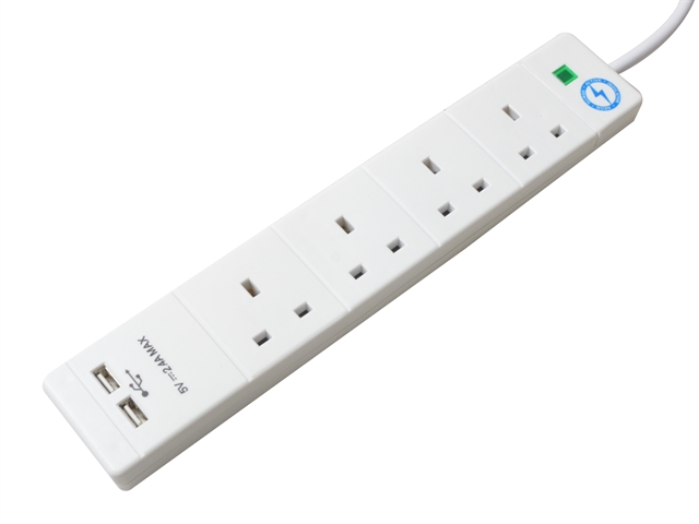 SMJ USB Extension Lead 240 Volt 8 Way 13A Surge Protection 2 Metre