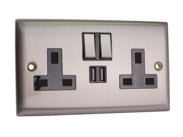 SMJ Switched Socket 2-Gang 13A with 2 x USB Brushed Steel