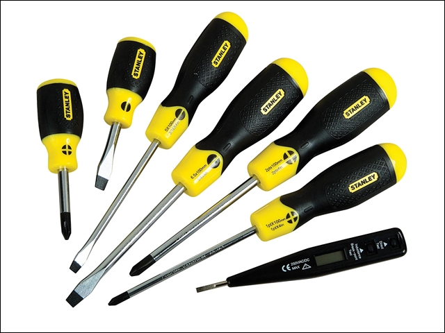 Stanley Tools Cushion Grip Screwdriver Set Flared & Phillips Set of 6 & Voltage Tester