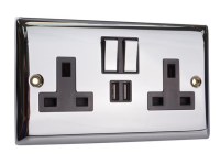 SMJ Switched Socket 2-Gang 13A with 2 x USB Chrome